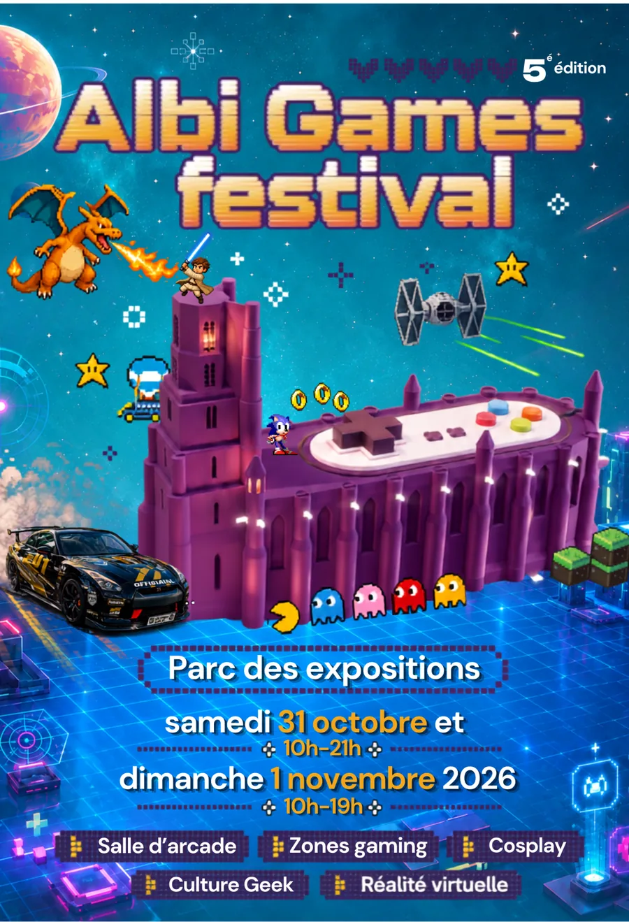 Affiche officielle Albi Games Festival 2026 : 5e édition, Parc des Expositions d’Albi, samedi 31 octobre et dimanche 1er novembre 2026
